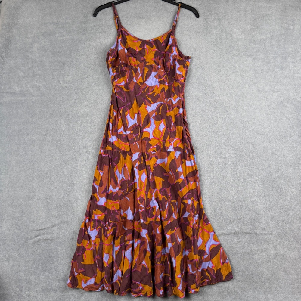 Roller Rabbit XS Abstract Leaf Print Tiered Midi Dress Orange Purple Viscose